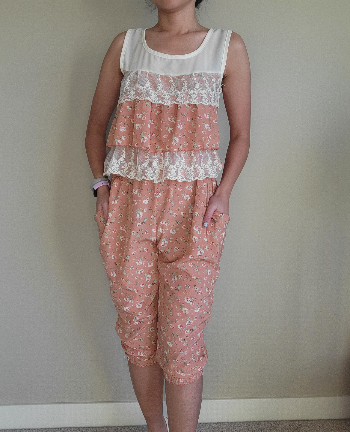 Floral jumpsuit with layered lace detail
