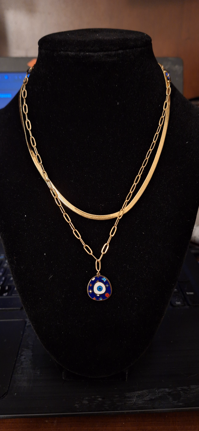 Gold Double Layered Necklace with Evil Eye Pendant anti tarnish