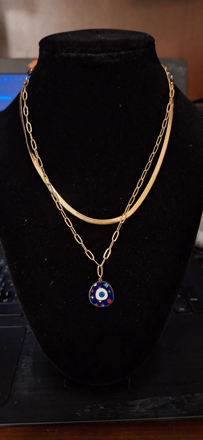 Gold Double Layered Necklace with Evil Eye Pendant anti tarnish thumbnail