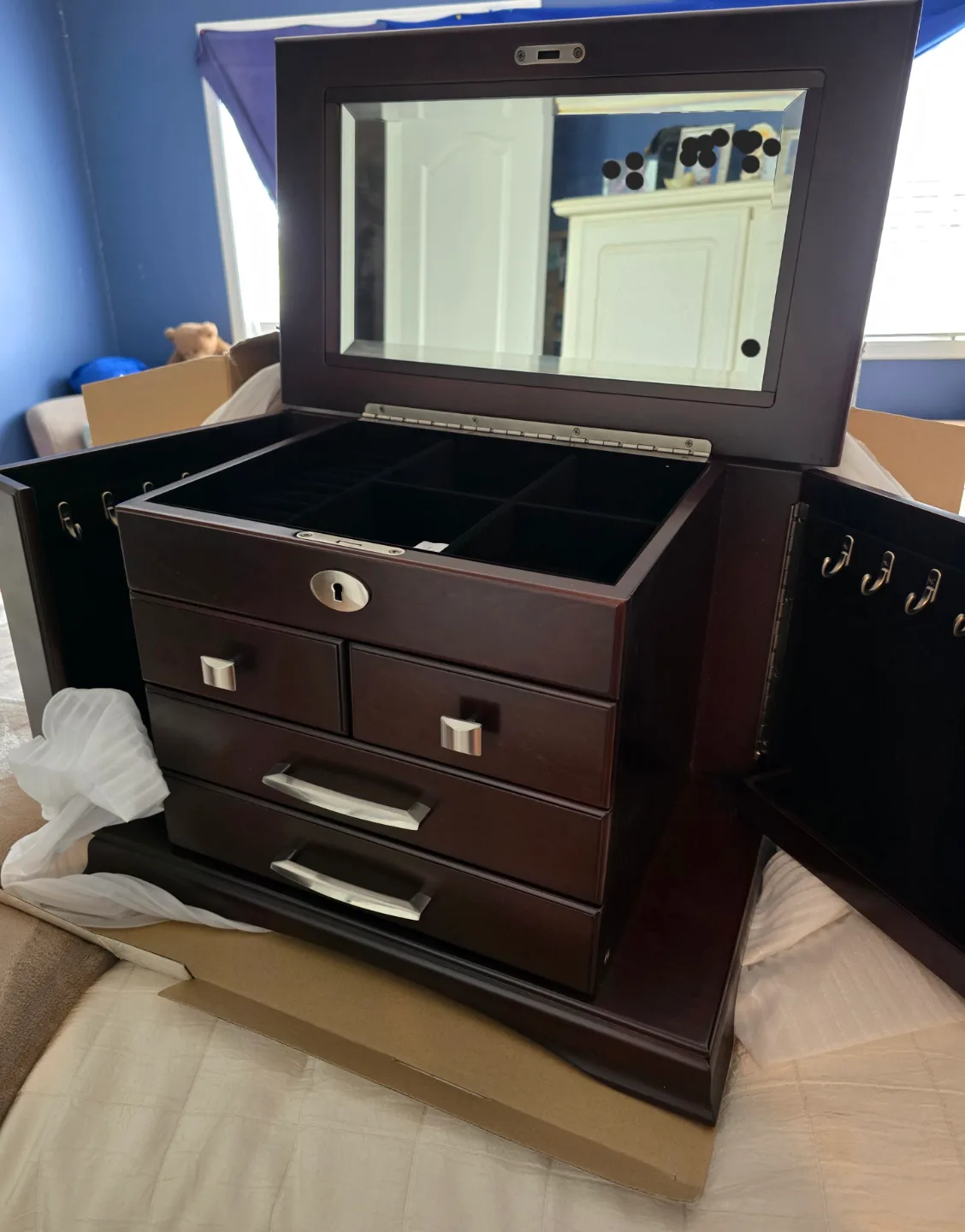 Dark Brown Wooden Jewellery Box with Mirror and Drawers image indicator(4)
