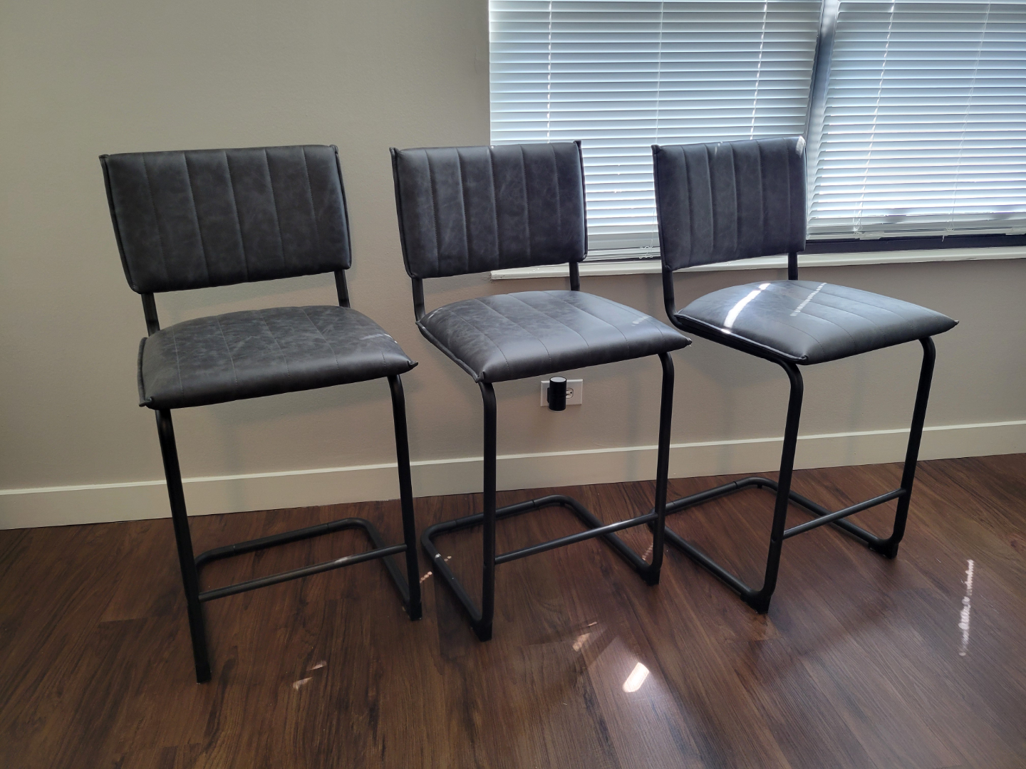 Set of Three Gray Leather Bar Stools