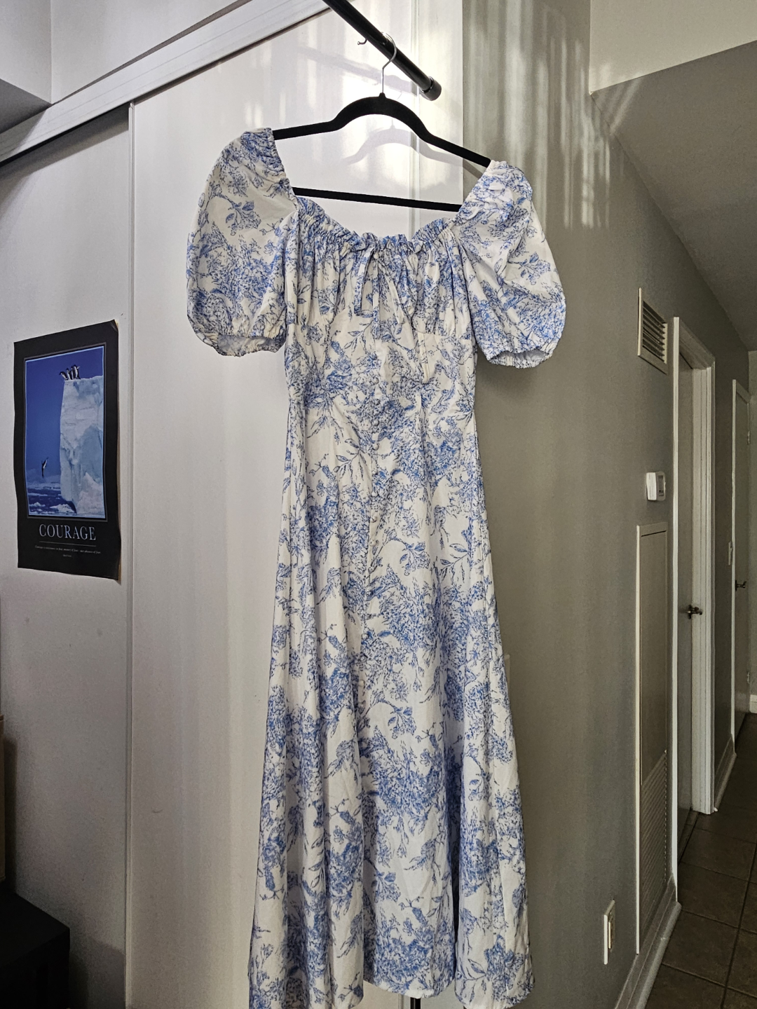 Blue and White Floral Puff Sleeve Midi Dress