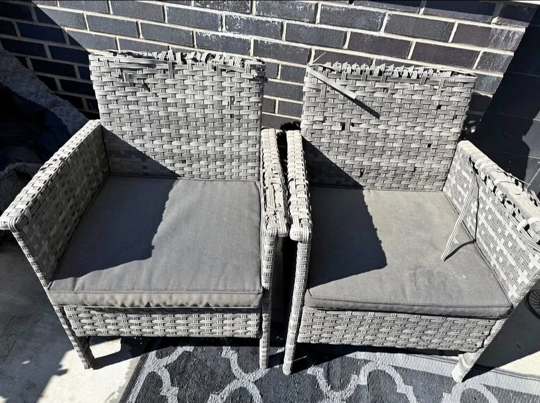 FREE: Pair of Grey Wicker Patio Chairs Great DIY Project! thumbnail