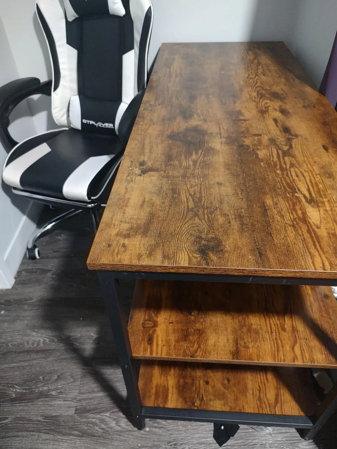 Rustic Wood Computer Desk with Metal Frame and Shelf thumbnail