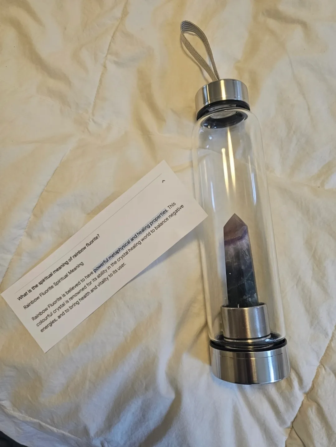 NEW GIFTABLE Crystal Infused Glass Water Bottle Rainbow Fluorite image indicator(4)