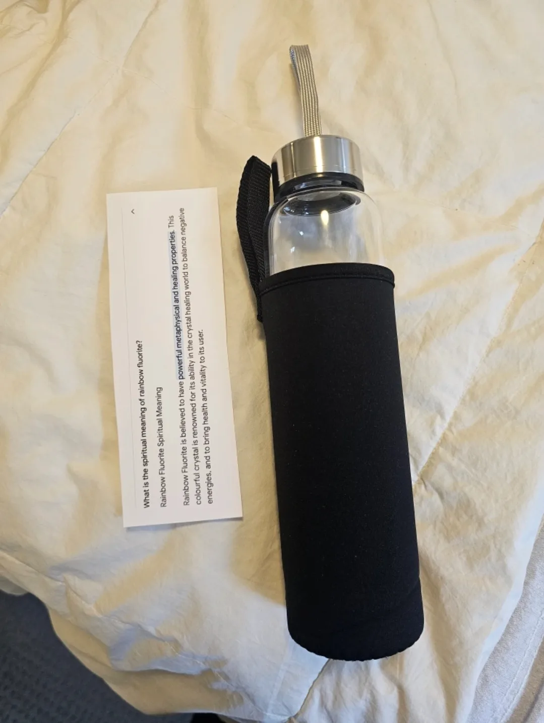 NEW GIFTABLE Crystal Infused Glass Water Bottle Rainbow Fluorite image indicator(6)