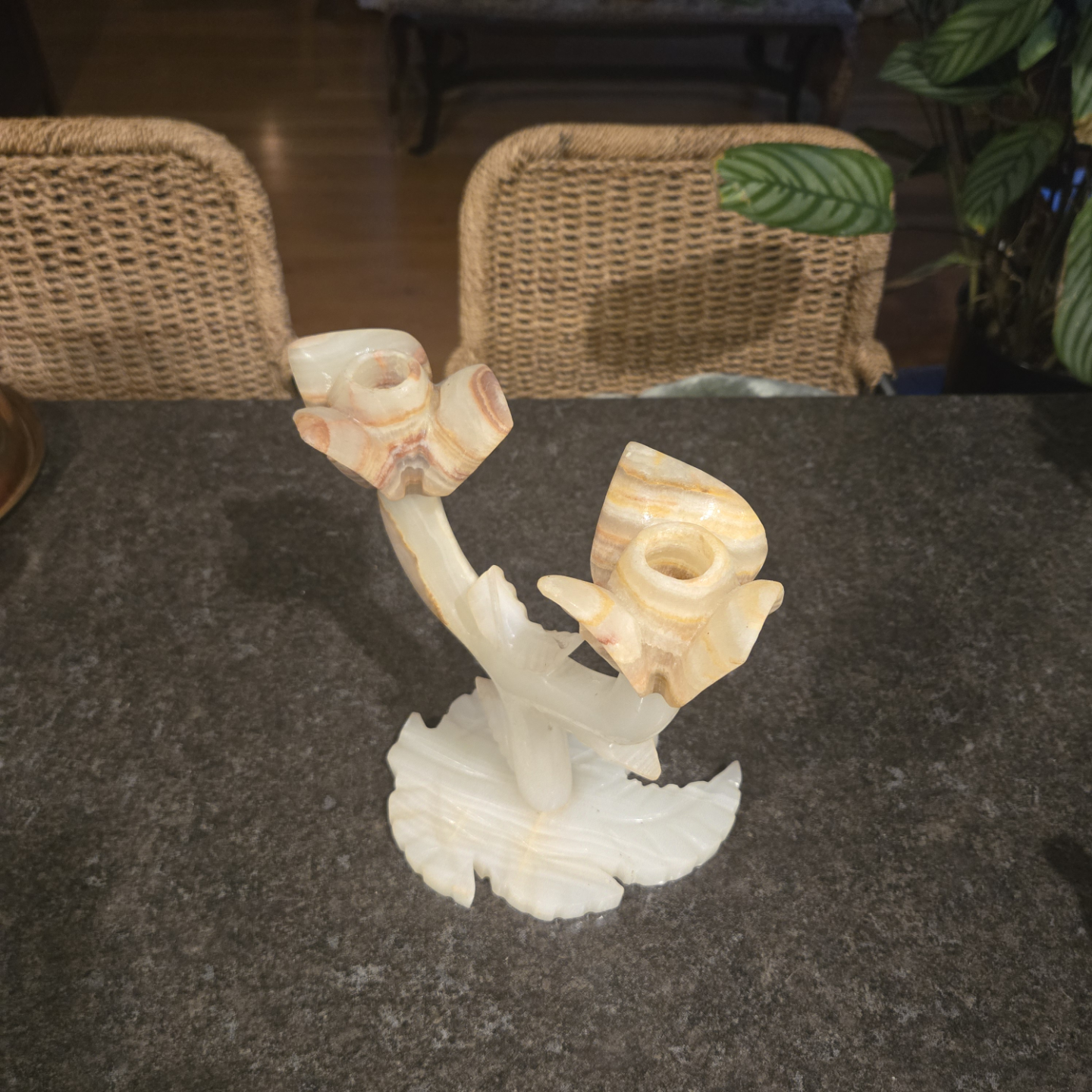 Vintage Carved Natural Onyx Tulip Candleholder 9.5" - photo 3