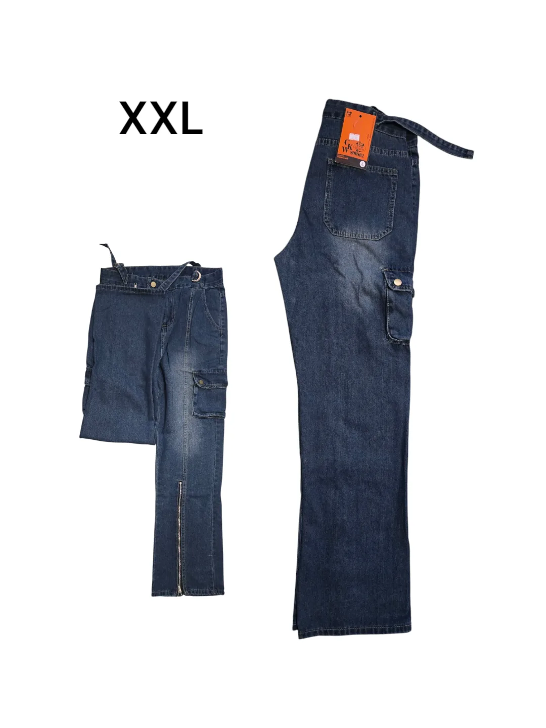 Women's XXL Dark Wash Denim Cargo Jeans with Side Zip thumbnail