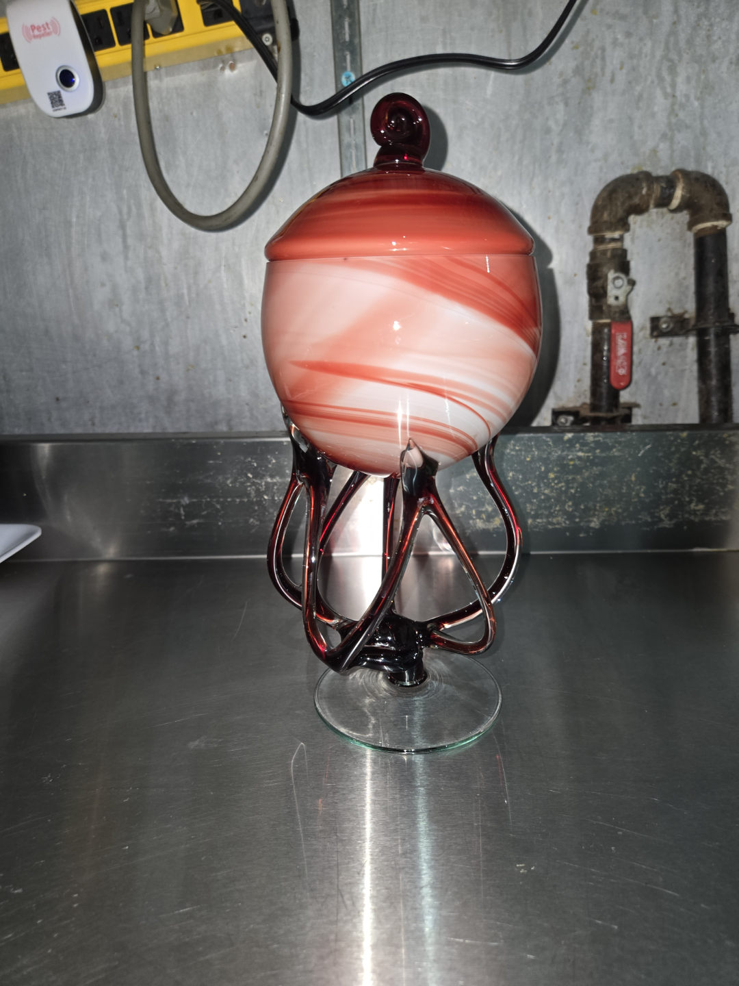 Red and White Swirled Glass Candy Dish with Lid