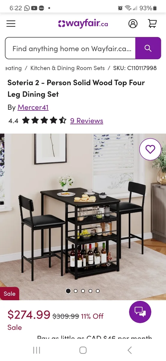 solid black wood dining table set with shelves & 2 chairs thumbnail