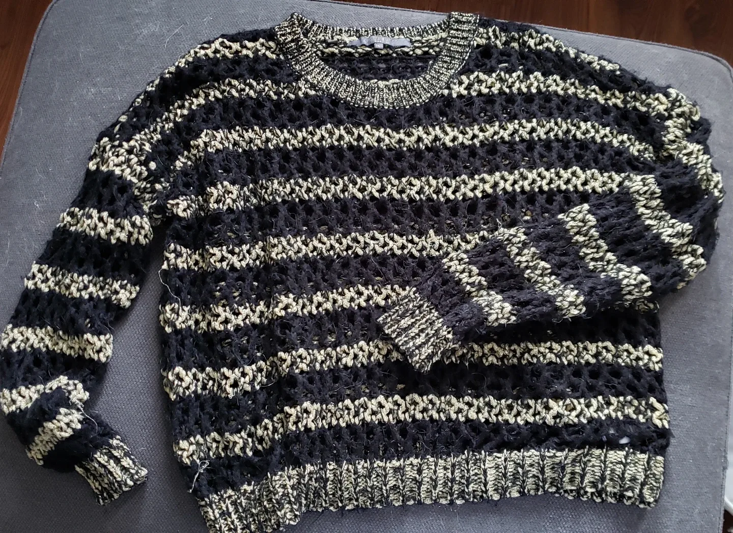 GUESS Black and Gold Striped Knit Sweater - Size Large