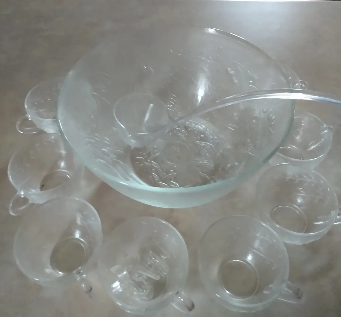 Vintage Glass Punch Bowl Set with 8 Cups and Ladle image indicator(3)