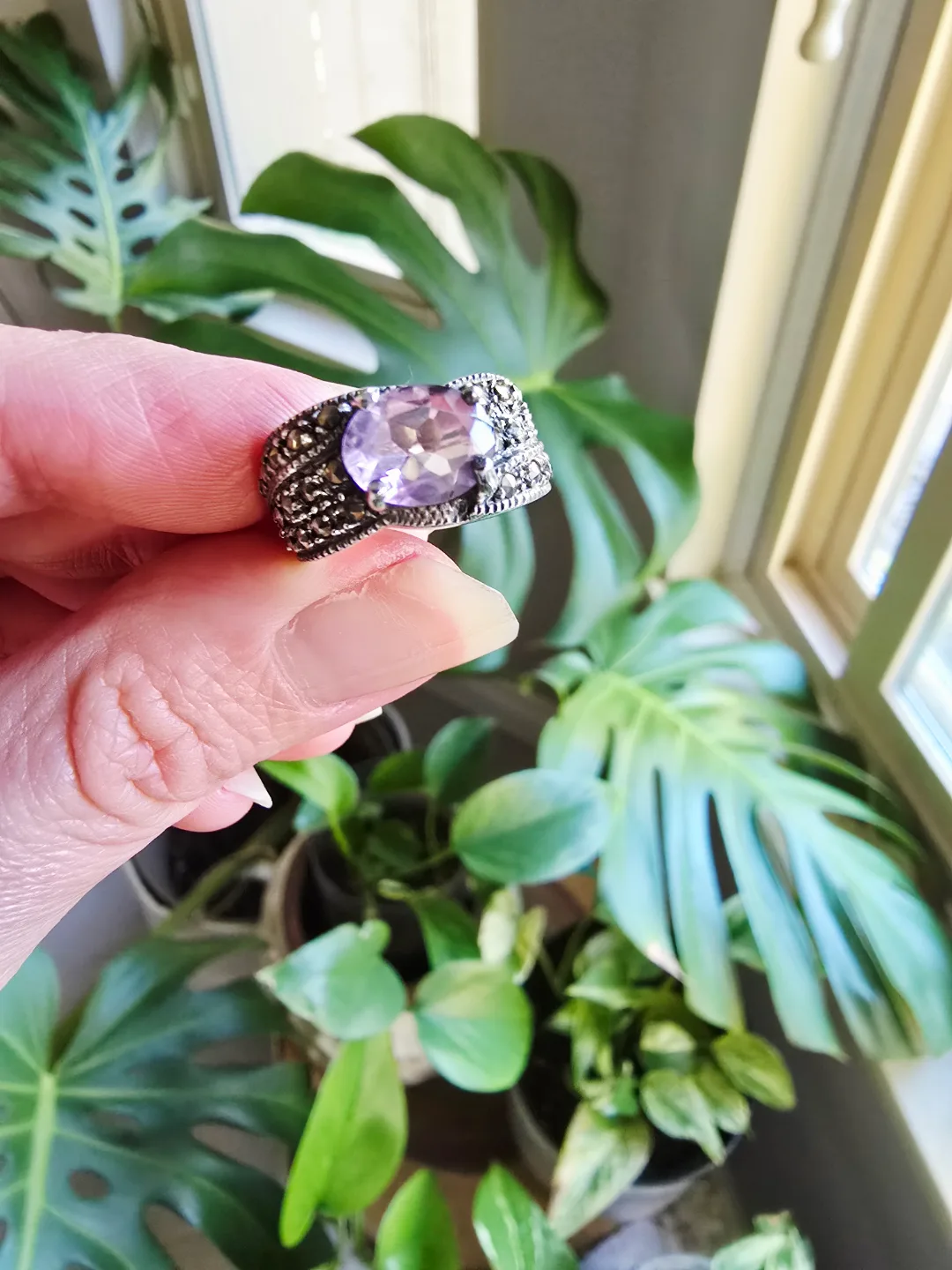 New Amethyst Marcasite sterling silver ring thumbnail