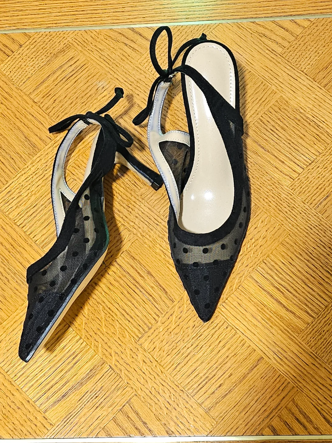 Black Mesh Heels with Polka Dots and Ankle Ties thumbnail