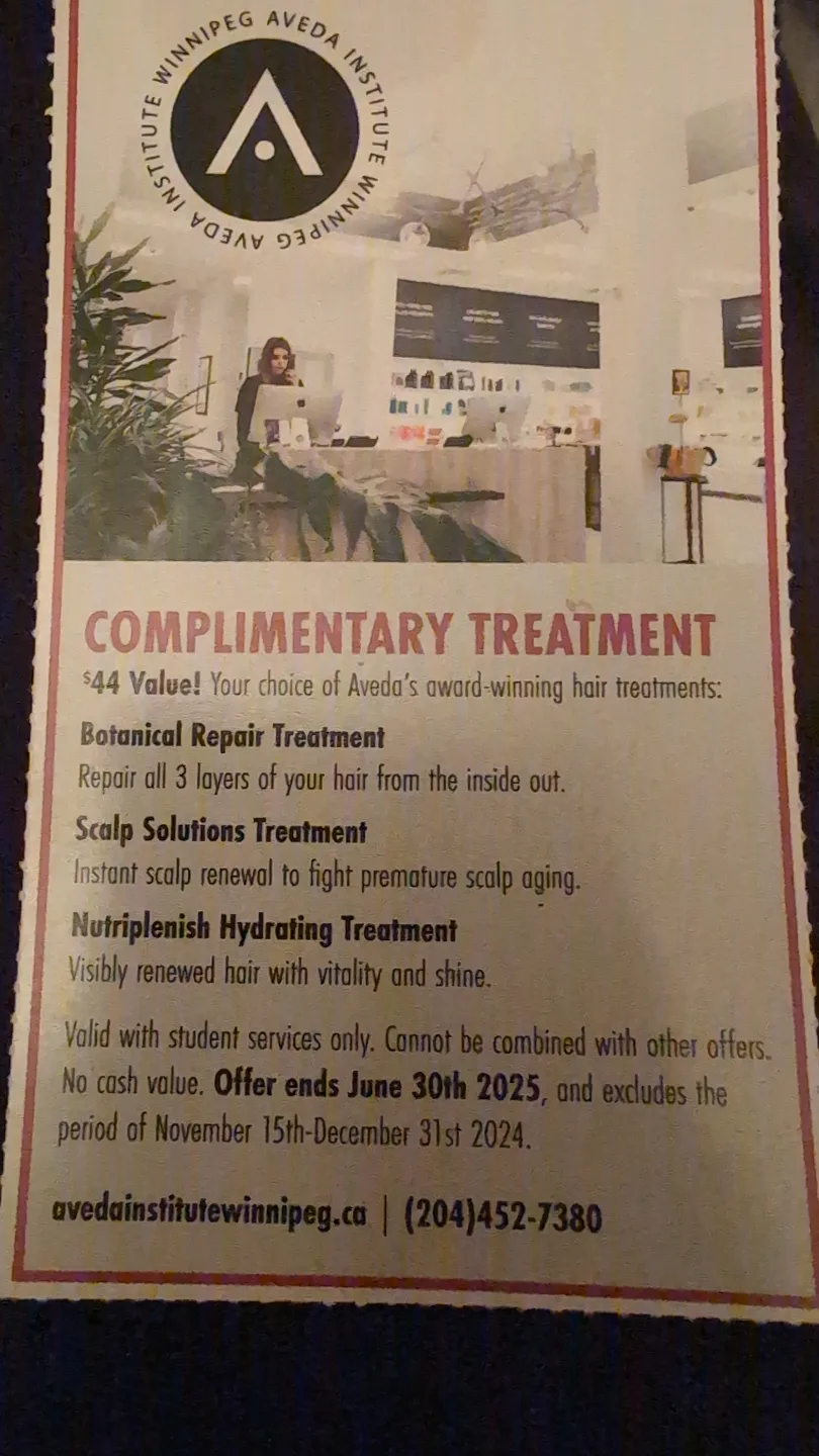 Aveda Institute Winnipeg Complimentary Hair Treatment Voucher thumbnail