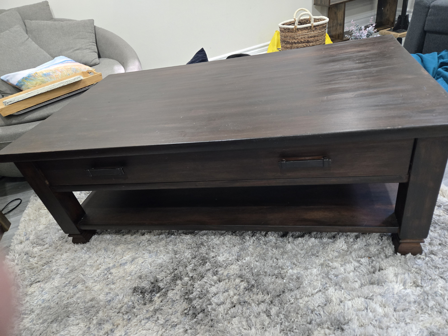 Dark Brown Wood Coffee Table with Drawer and Shelf