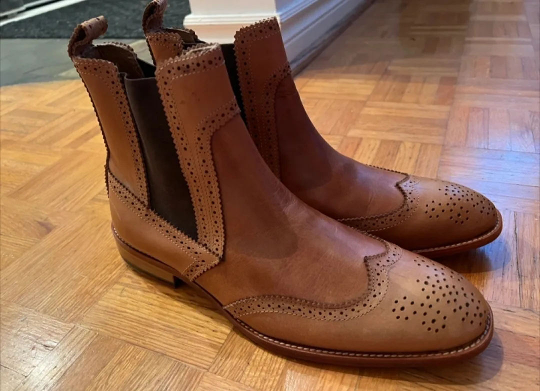 NEW Brown Leather Brogue Chelsea Boots thumbnail