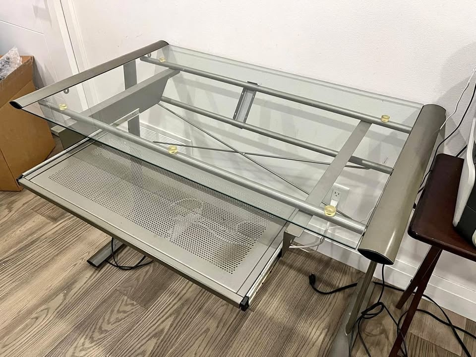 Glass Top Computer Desk with Keyboard Tray