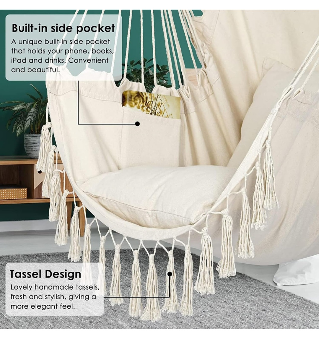 Cream Hanging Hammock Chair with Pillow and Tassels - photo 4