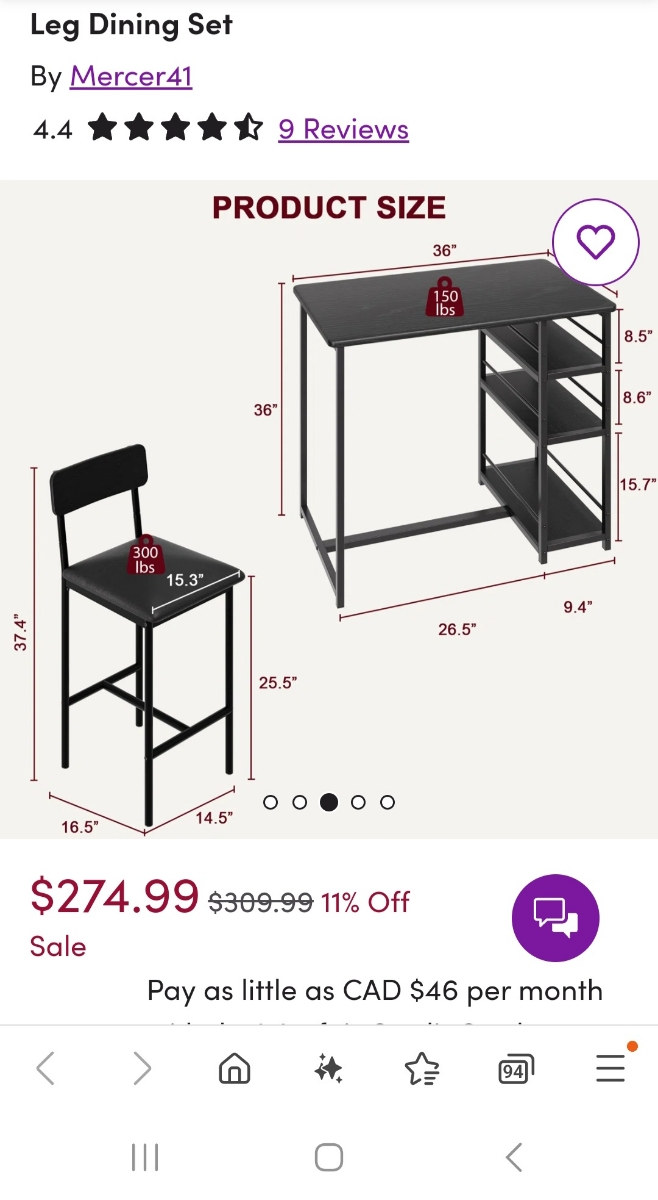 solid black wood dining table set with shelves & 2 chairs - photo 2