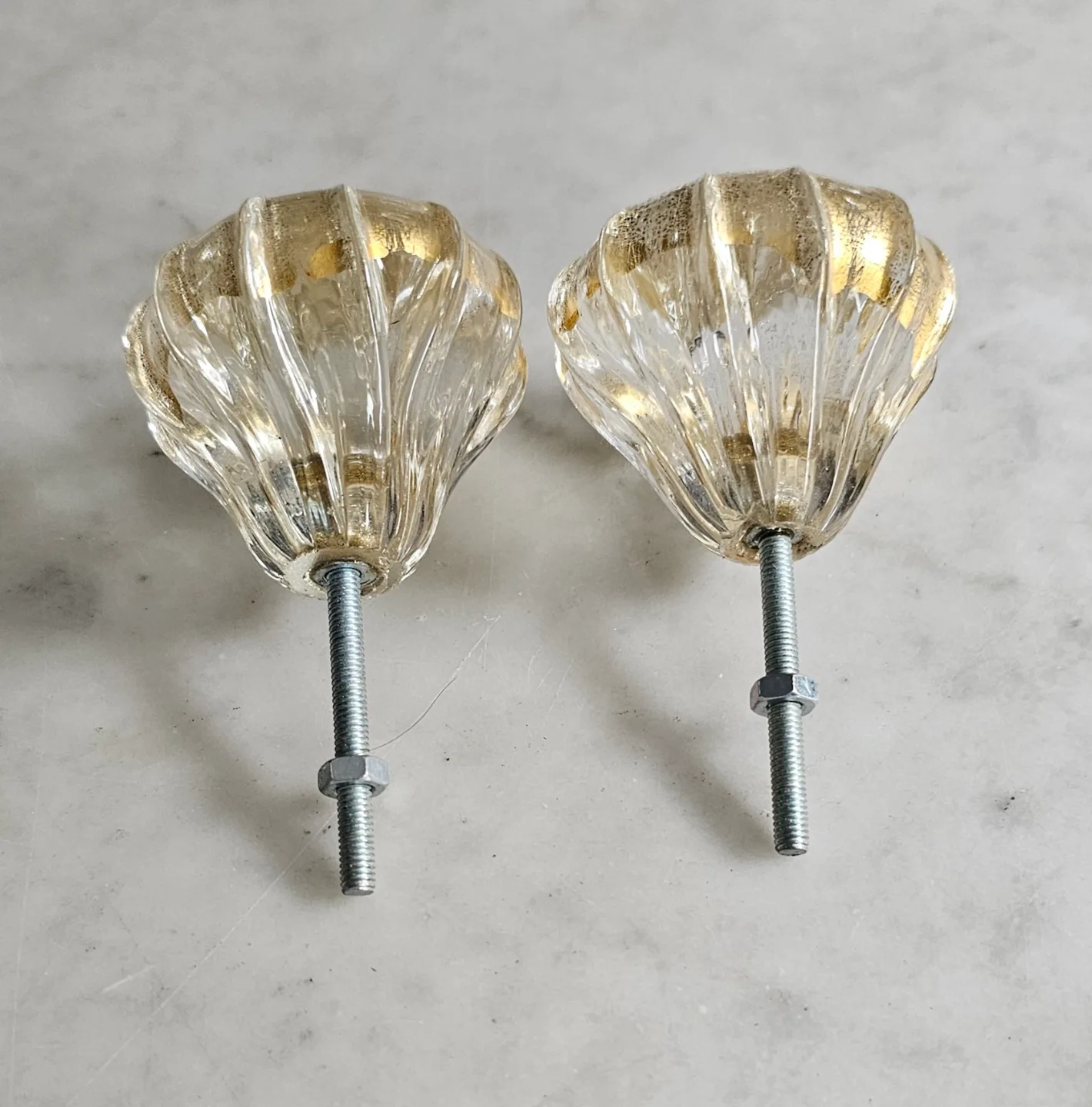 Vintage Pair of Clear Fluted Glass Knobs with Gold Leaf Speckles image indicator(2)