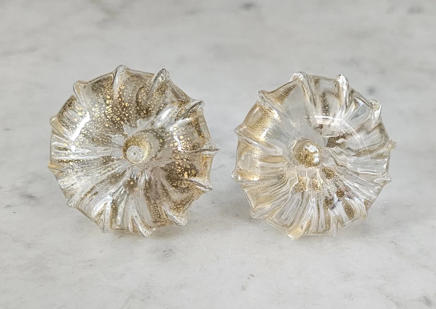 Vintage Pair of Clear Fluted Glass Knobs with Gold Leaf Speckles image indicator(4)