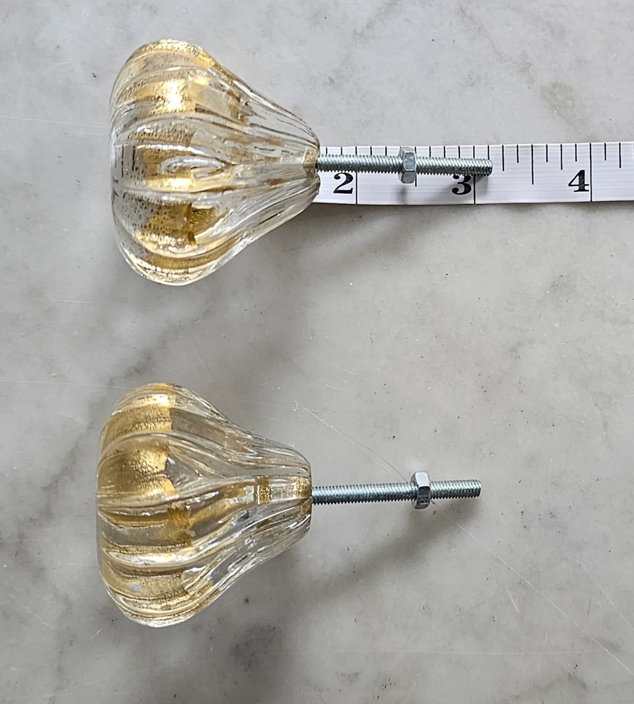 Vintage Pair of Clear Fluted Glass Knobs with Gold Leaf Speckles image indicator(6)