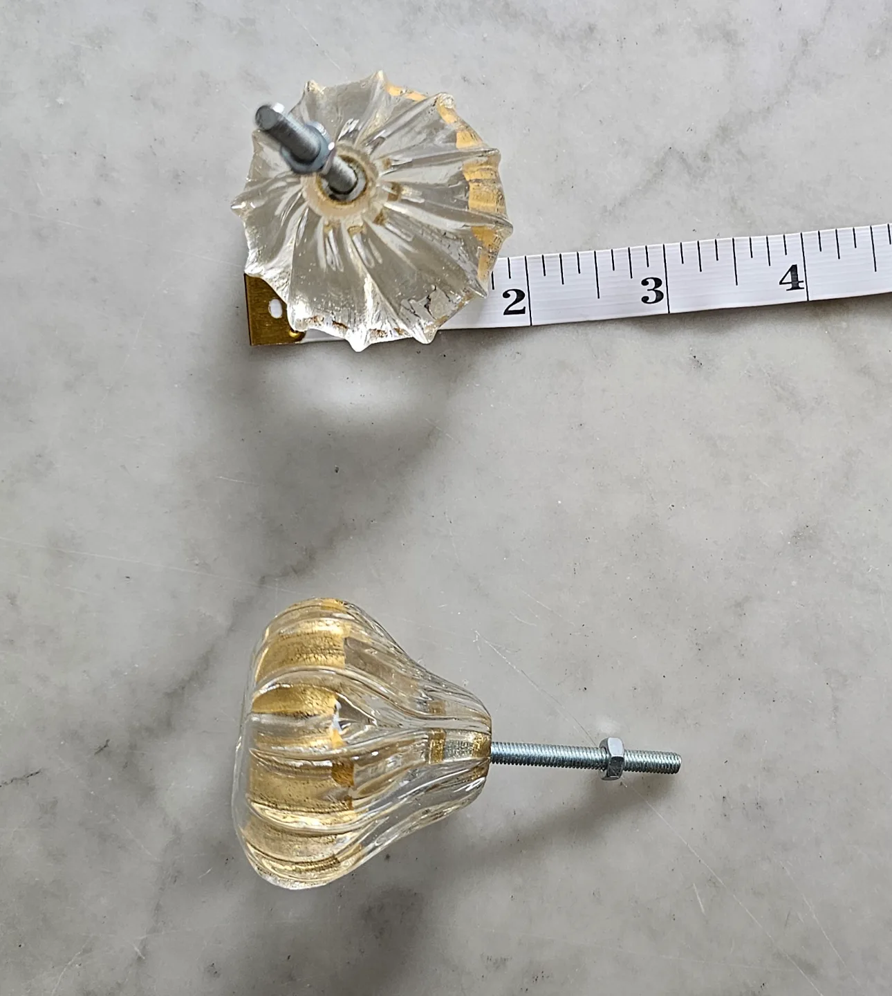 Vintage Pair of Clear Fluted Glass Knobs with Gold Leaf Speckles image indicator(5)