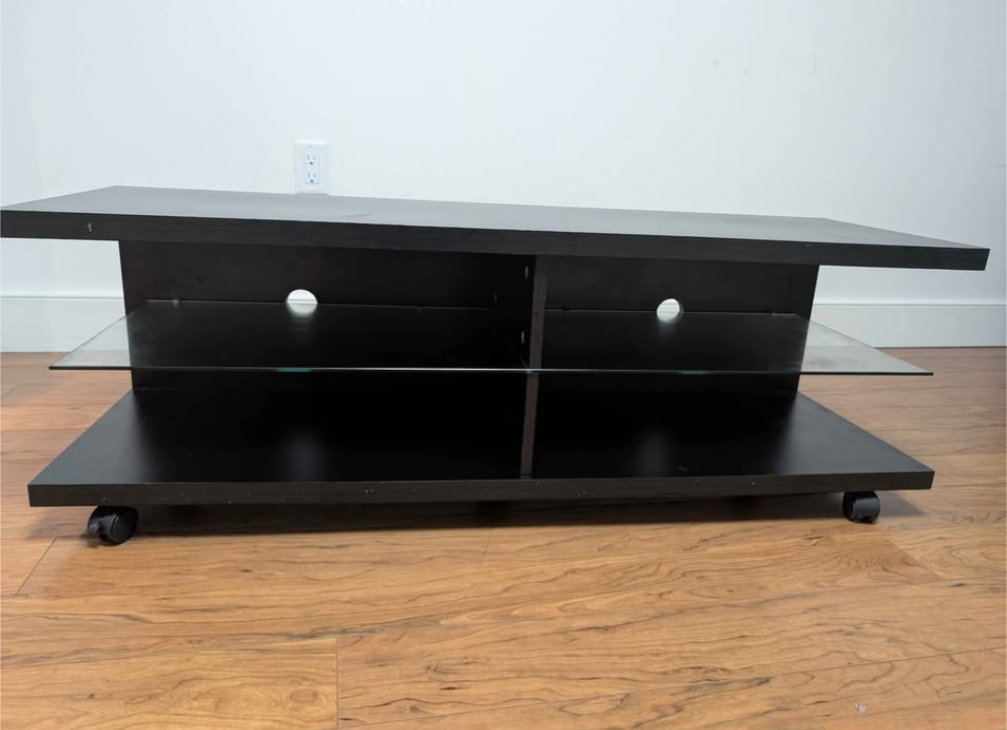 Black TV Stand with Glass Shelves on Casters