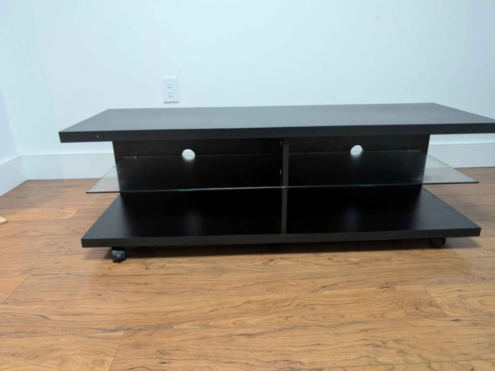 Black TV Stand with Glass Shelves on Casters - photo 2