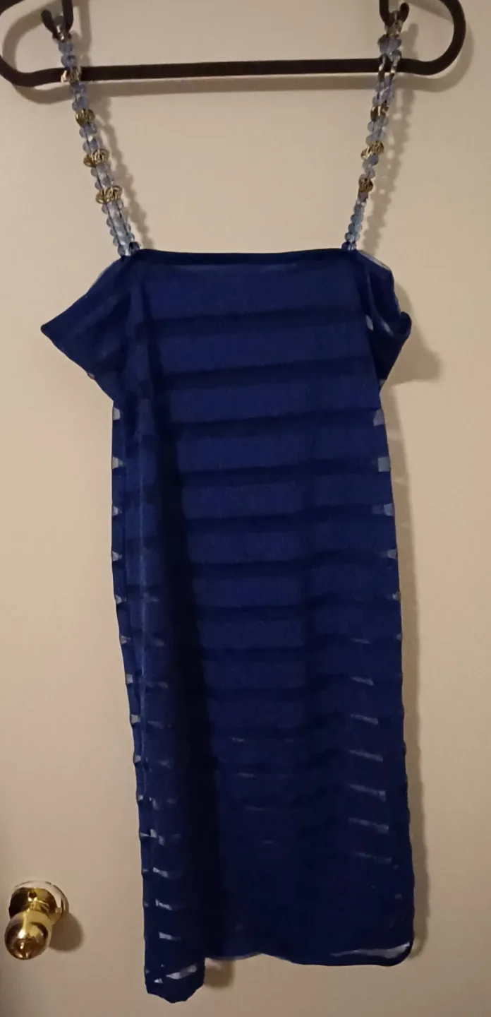 Blue Striped Mini Dress with Beaded Straps image indicator(2)