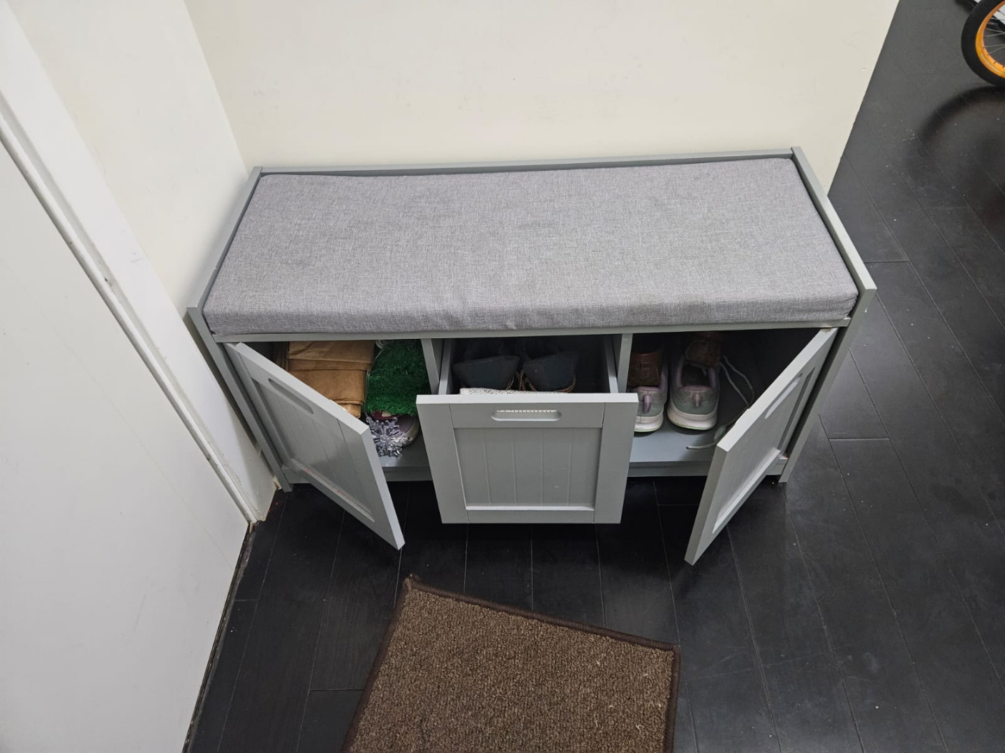Grey Storage Bench with Cushioned Seat