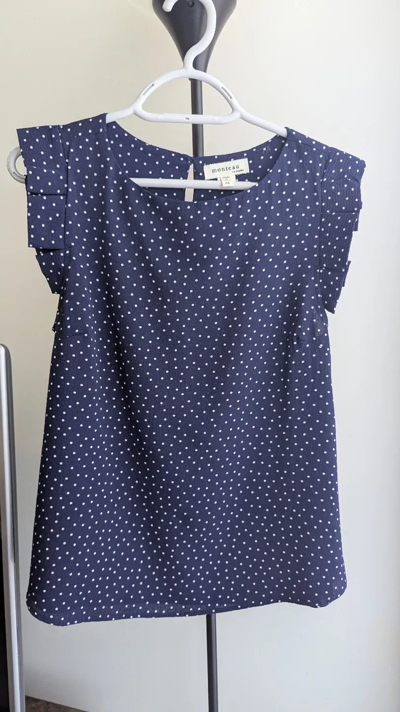 Monteau Women's Navy Blue Polka Dot Blouse Size S thumbnail