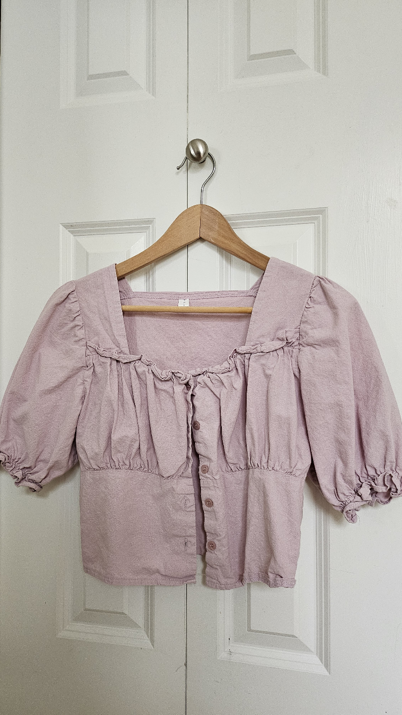 Lavender Puff Sleeve Button Up Crop Top