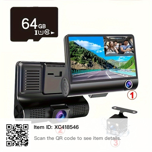 Triple Lens Dash Cam with 64GB Card - Full HD Night Vision