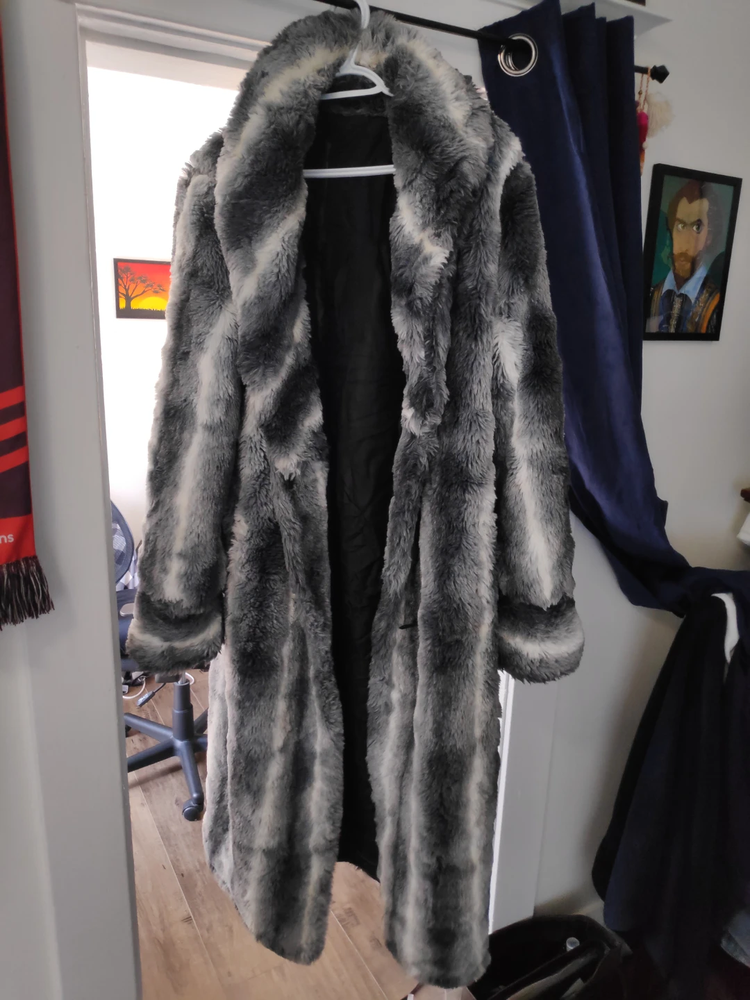 Long Grey and White Faux Fur Coat