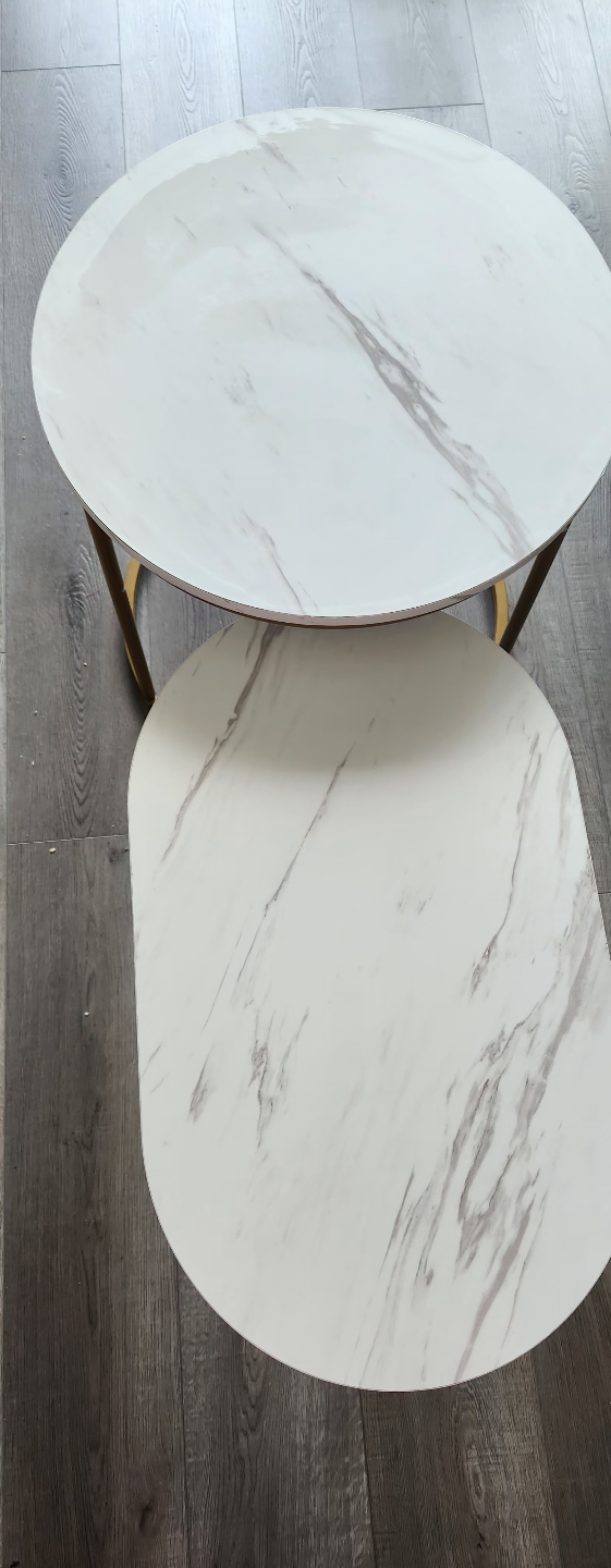 Nest of Two Round Marble-Look Coffee Tables with Gold Legs