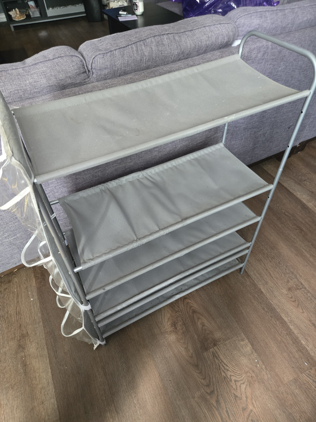 Grey Fabric 5-Tier Shoe Rack with Side Pockets