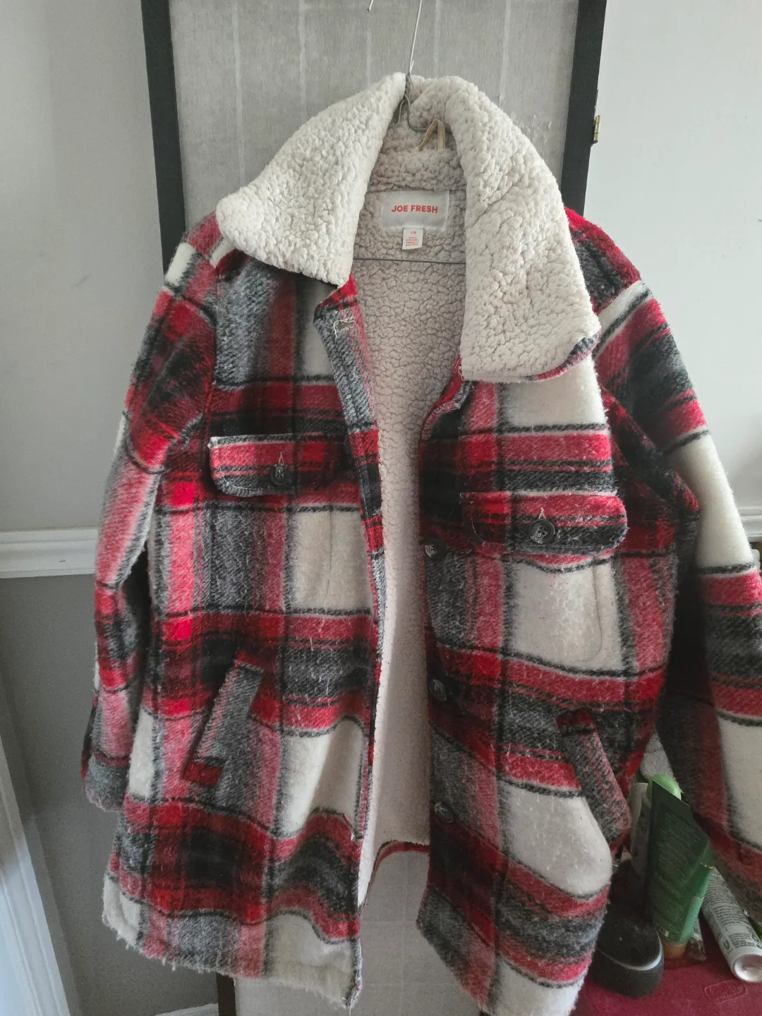 Joe Fresh Red and Cream Plaid Sherpa-Lined Jacket thumbnail