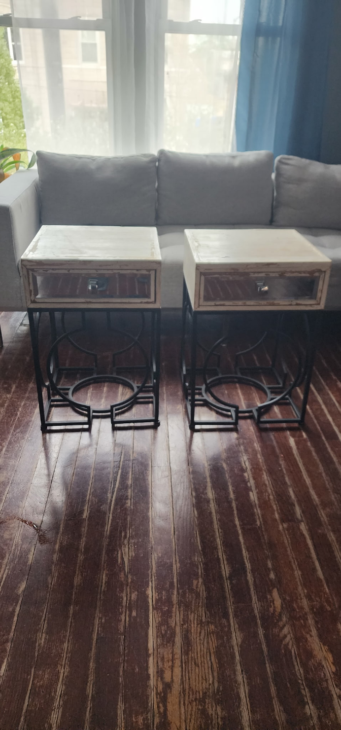 Pair of Beige Wood End Tables with Mirrored Drawers
