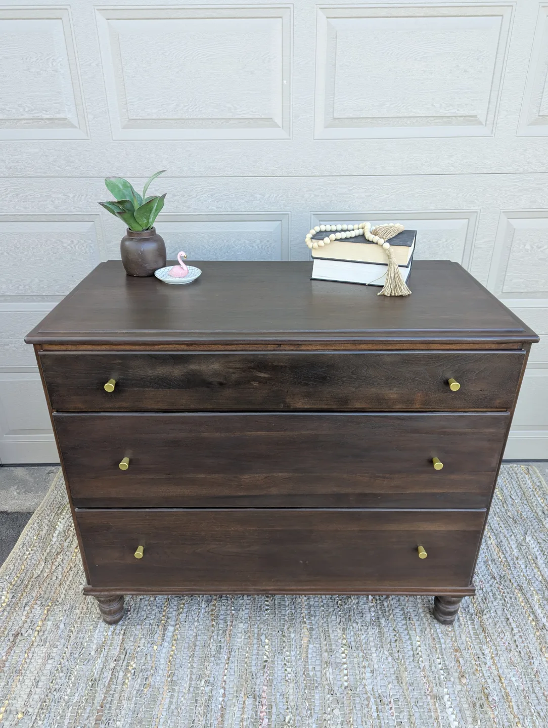 Newly refinished three drawer wood dresser image indicator(2)