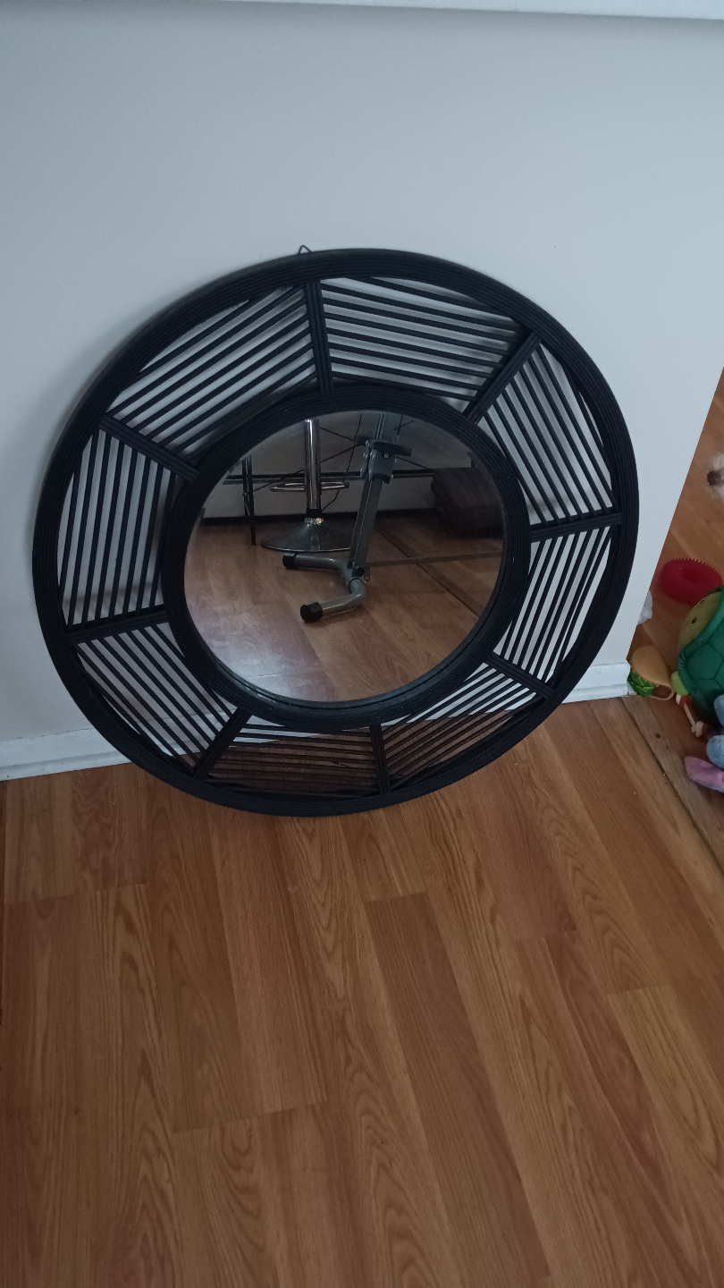 Large Black Round Mirror with Geometric Frame
