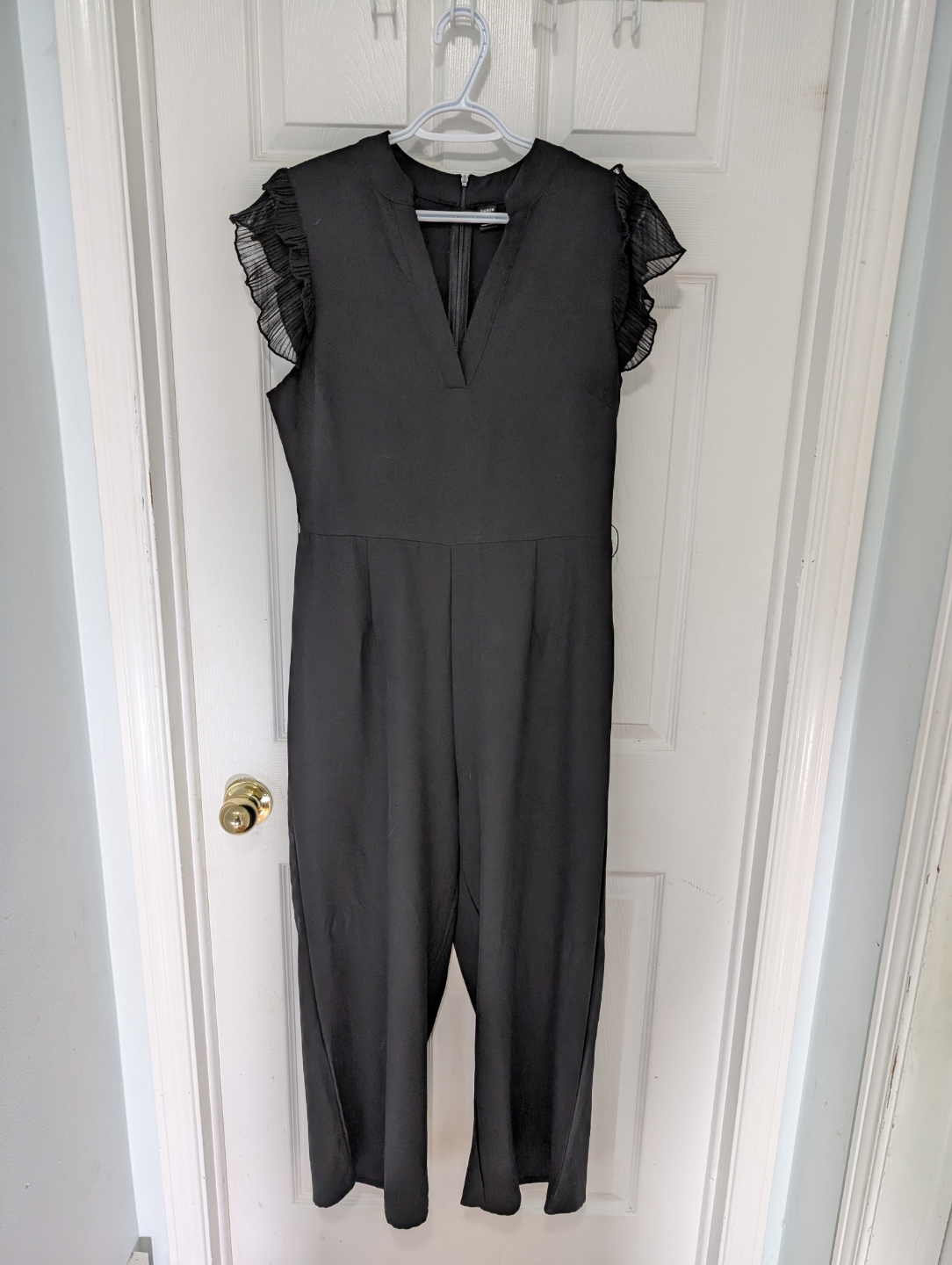 Black V-Neck Jumpsuit with Subtle Ruffle Sleeves