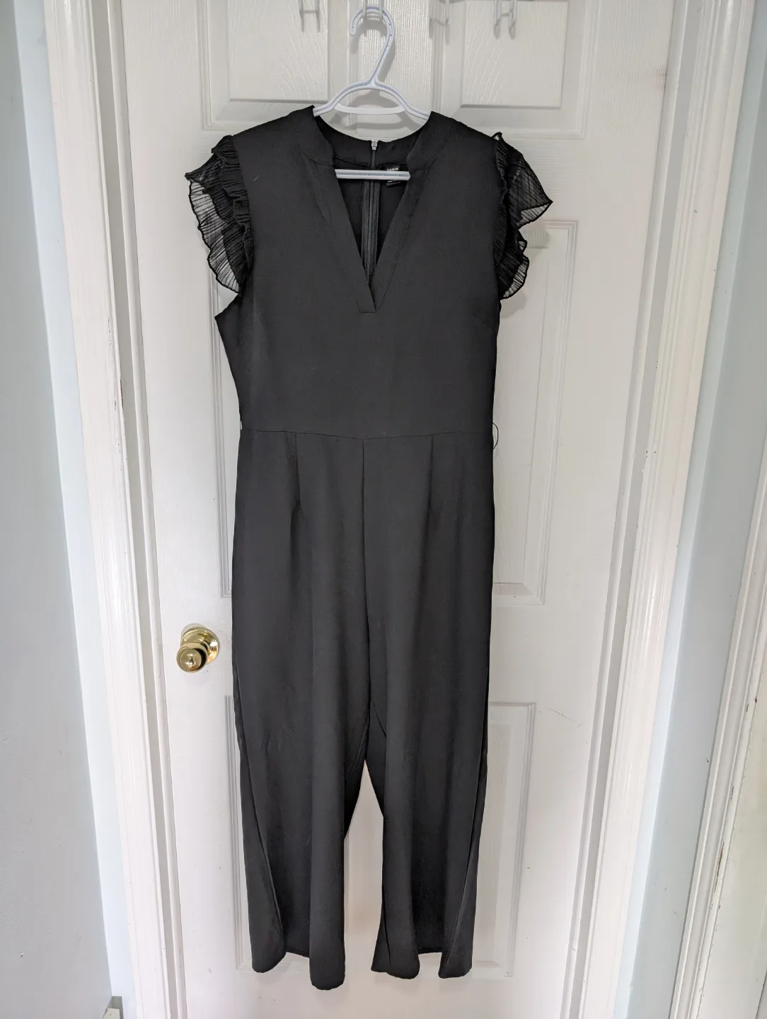 Black V-Neck Jumpsuit with Subtle Ruffle Sleeves thumbnail
