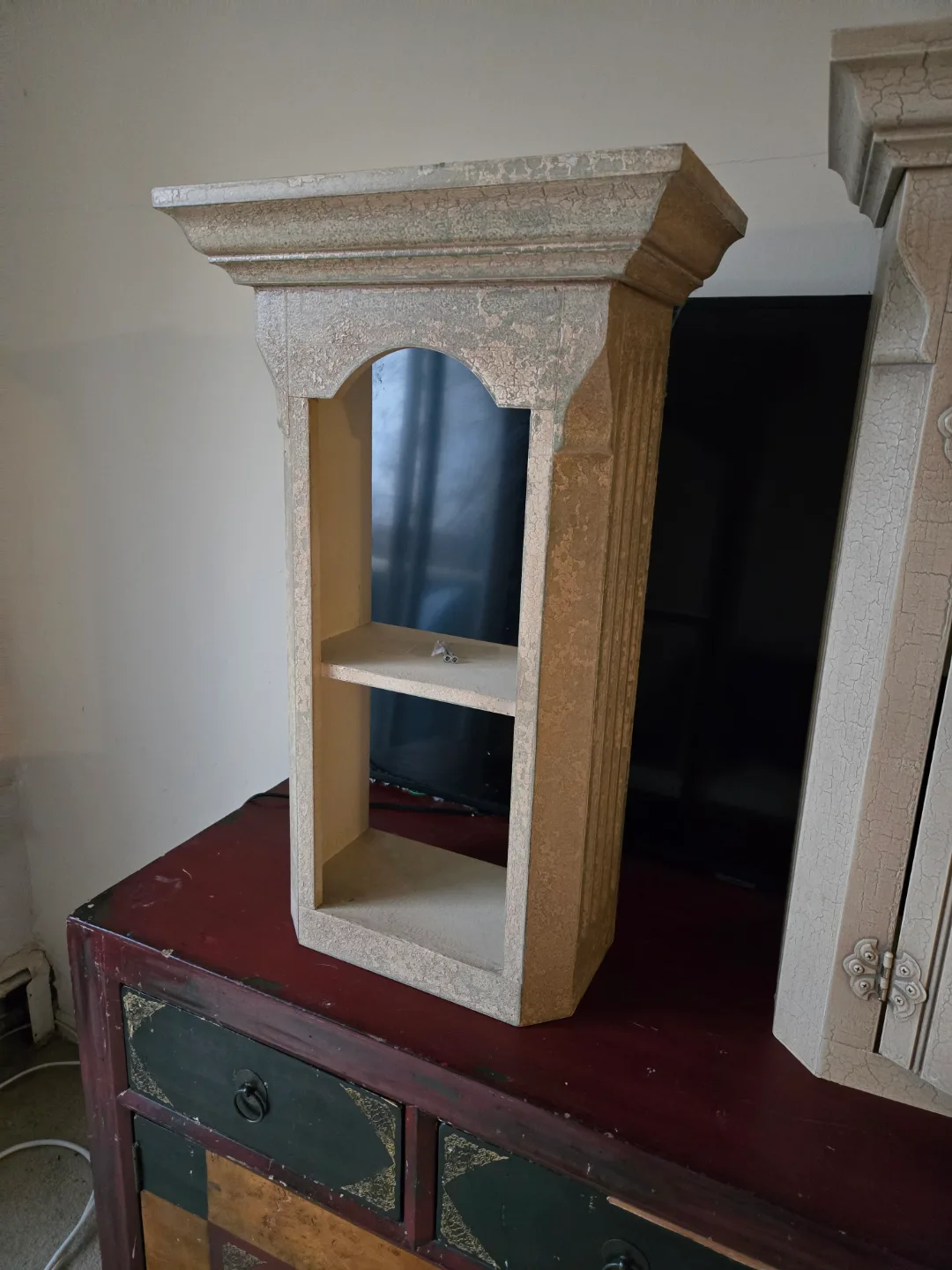 Distressed Beige Wall Shelf with Two Shelves thumbnail