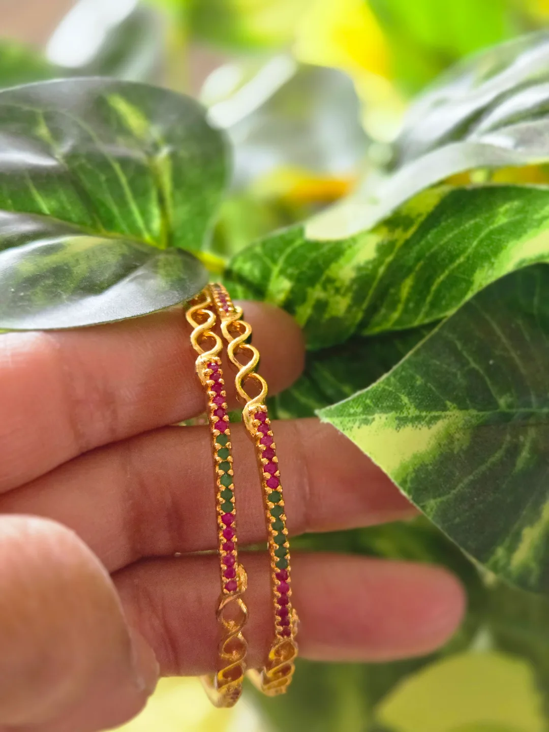 Gold Bangles with Red and Green Stones thumbnail