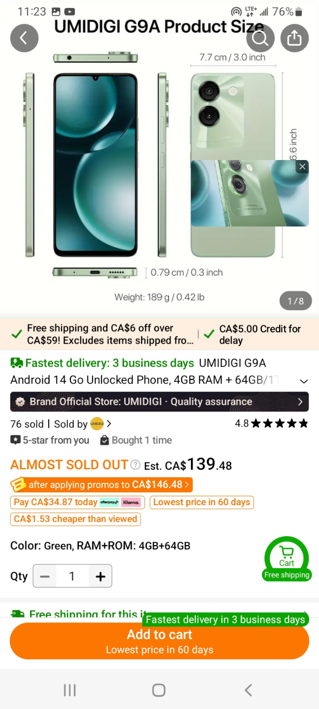 UMIDIGI G9A Android 14 Go Unlocked Phone - Green, 4GB+64GB