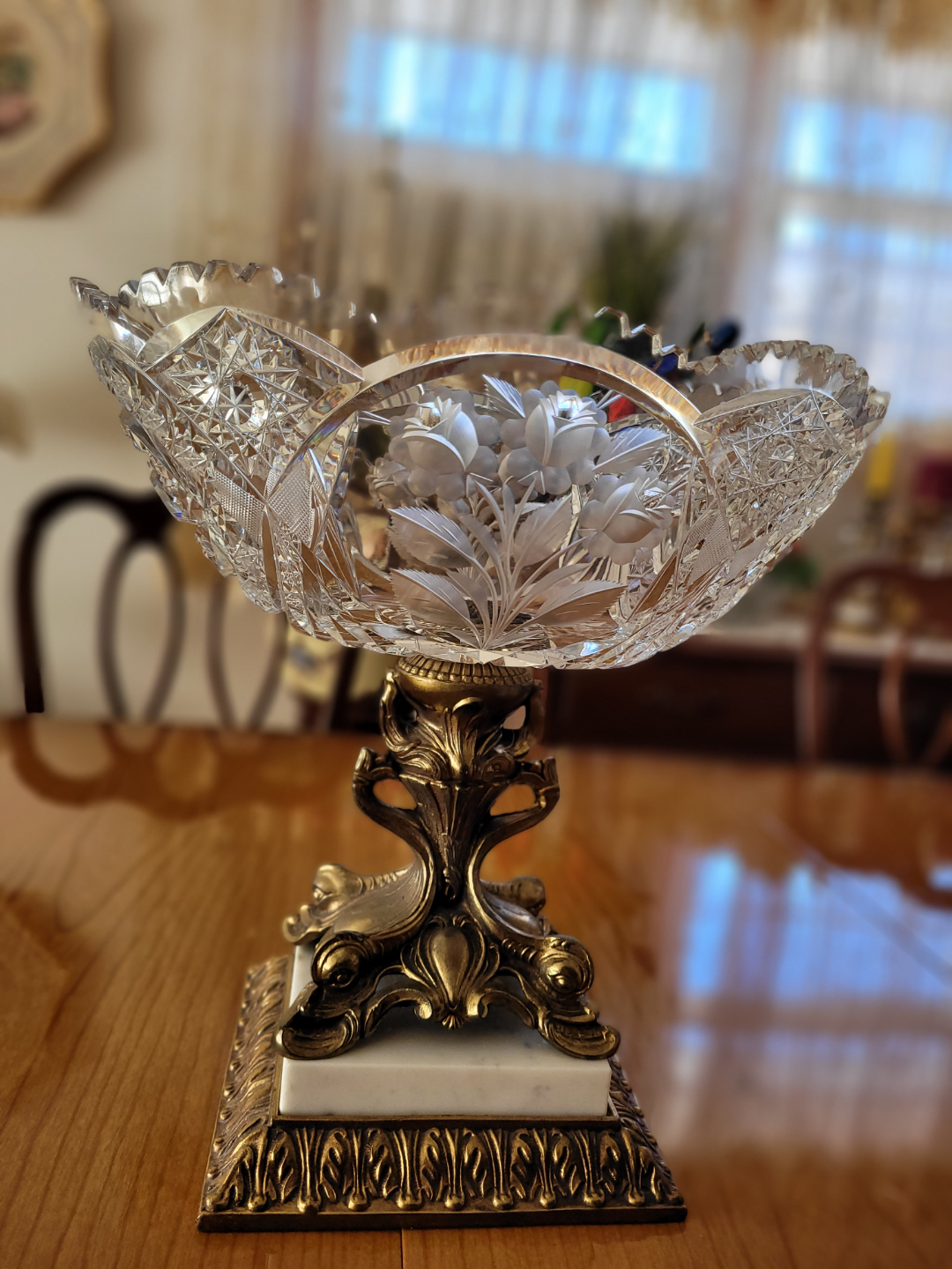 Vintage Crystal Bowl with Ornate Brass Stand