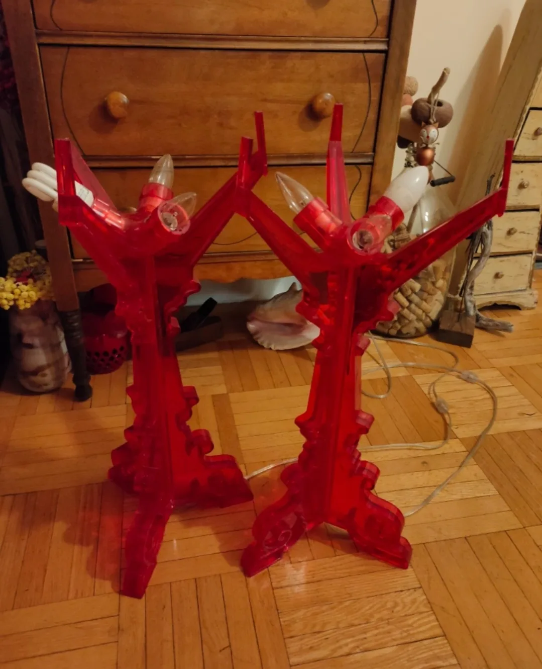 Pair of Mid-Century Modern Red Lucite Lamps thumbnail