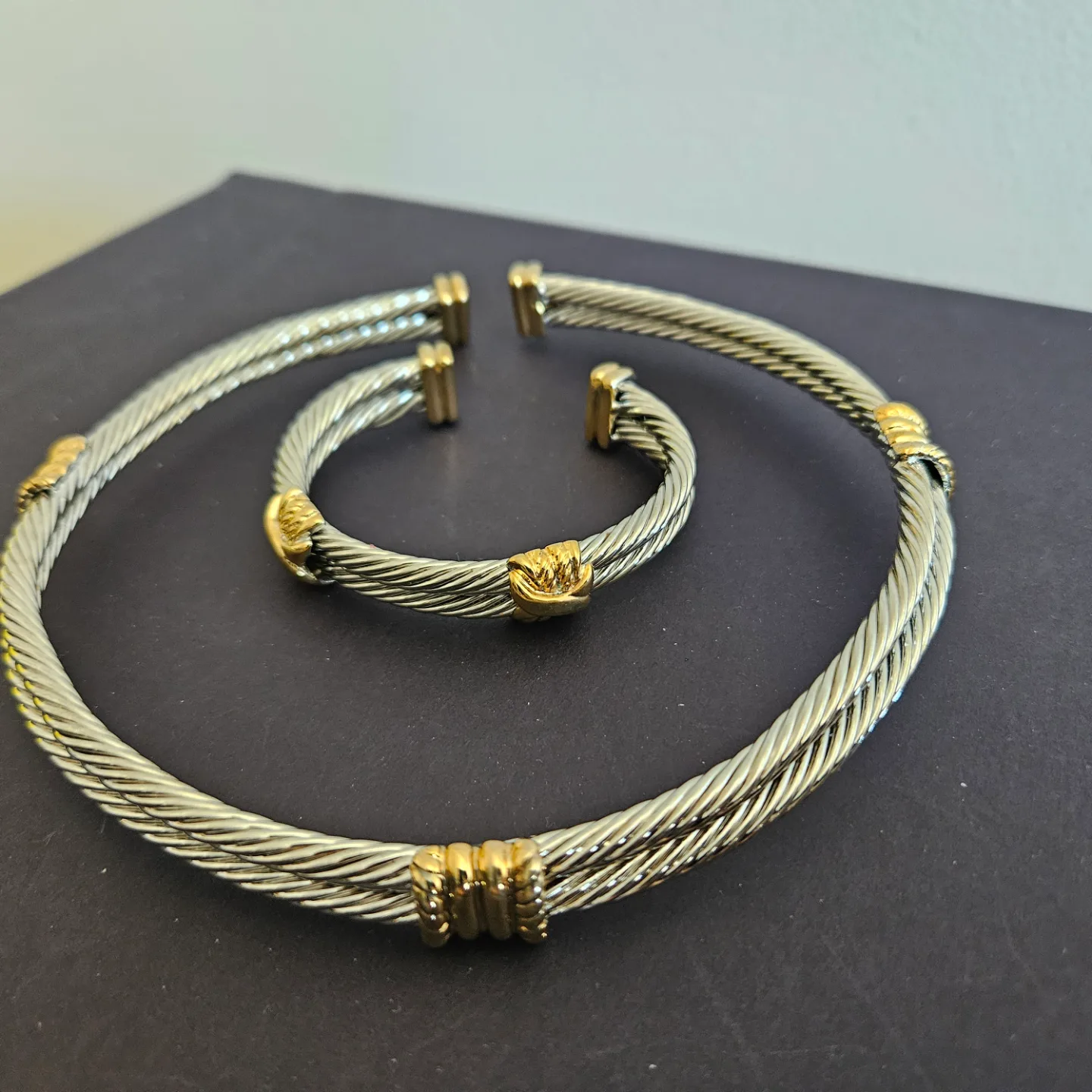 Two-Tone Metal Cable Bracelets Set thumbnail